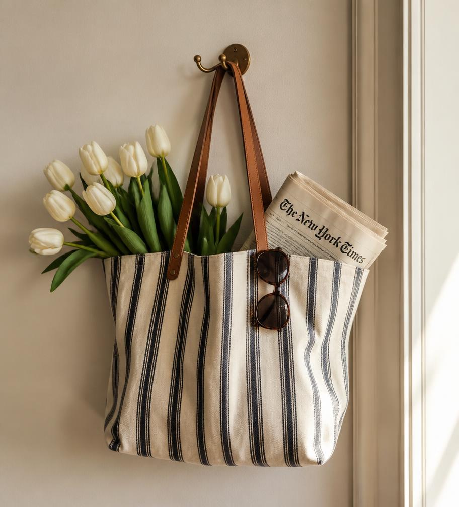 Striped tote bag with tulips and a newspaper